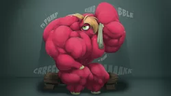 Size: 2667x1500 | Tagged: anthro, artist:toonpower, big macintosh, derpibooru import, fetish, great macintosh, male, muscle fetish, muscles, overdeveloped muscles, solo, solo male, suggestive, sweat, too ripped for tops
