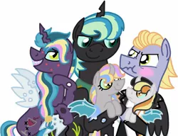 Size: 1751x1344 | Tagged: safe, artist:kindheart525, derpibooru import, changeling queen oc, oc, oc:ambrosia, oc:bedbug, oc:hawk eye, oc:mayfly, oc:monarch, unofficial characters only, alicorn, changeling queen, earth pony, pony, kindverse, alicorn oc, blushing, female, gay, interspecies offspring, looking at each other, magical gay spawn, magical lesbian spawn, male, offspring, offspring's offspring, parent:limestone pie, parent:oc:ambrosia, parent:oc:hawk eye, parent:princess celestia, parent:queen chrysalis, parent:zephyr breeze, parents:chryslestia, parents:zephyrstone, purple changeling, simple background, stallion, tsundere, wavy mouth, white background