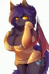 Size: 3088x4658 | Tagged: suggestive, artist:hakkids2, derpibooru import, oc, oc:dawn sentry, unofficial characters only, anthro, bat pony, absurd resolution, bat wings, big breasts, breasts, cleavage, clothes, commission, female, glowing eyes, mare, off shoulder, off shoulder sweater, panties, simple background, solo, solo female, sweater, underwear, white background, ych result
