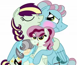 Size: 1756x1479 | Tagged: safe, artist:kindheart525, derpibooru import, oc, oc:falsetto fallout, oc:holly-hay carol, oc:pristine melody, oc:turquoise edge, unofficial characters only, pony, kindverse, blushing, eyes closed, female, kiss on the cheek, kissing, lesbian, looking at you, magical lesbian spawn, mother and daughter, oc x oc, offspring, offspring shipping, offspring's offspring, parent:applejack, parent:coloratura, parent:limestone pie, parent:oc:pristine melody, parent:oc:turquoise edge, parent:zephyr breeze, parents:rarajack, parents:zephyrstone, shipping, simple background, tsundere, white background