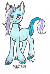 Size: 589x875 | Tagged: safe, artist:twinklestah, derpibooru import, oc, oc:malarkey, unofficial characters only, draconequus, hybrid, pony, unicorn, female, interspecies offspring, male, mare, offspring, parent:discord, parent:trixie, parents:trixcord, simple background, snaggletooth, solo, stallion, traditional art, white background
