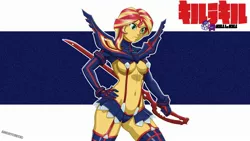 Size: 2560x1440 | Tagged: suggestive, artist:ngrycritic, derpibooru import, edit, sunset shimmer, equestria girls, ami koshimizu, anime, belly button, breasts, crossover, female, hand on hip, japanese, kill la kill, looking at you, ryuko matoi, scissor blade, senketsu, solo, solo female, sword, voice actor joke, weapon