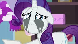 Size: 1920x1090 | Tagged: safe, derpibooru import, screencap, rarity, pony, forever filly, crying, floppy ears, makeup, marshmelodrama, mascara, mascarity, running makeup, solo