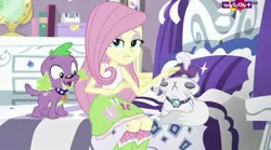 Size: 804x446 | Tagged: safe, derpibooru import, screencap, fluttershy, opalescence, spike, spike the regular dog, dog, dance magic, equestria girls, spoiler:eqg specials, bed, book, clothes, eyes closed, female, lidded eyes, looking at you, male, mirror, paws, skirt, socks, teletoon