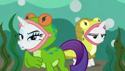 Size: 1920x1090 | Tagged: safe, derpibooru import, screencap, rarity, sweetie belle, pony, forever filly, duckface, female, frog costume, ribbity, siblings, sisters, sweetie belle is not amused, tadpole belle, unamused