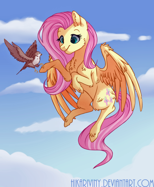 Size: 1024x1238 | Tagged: safe, artist:hikariviny, derpibooru import, fluttershy, bird, pegasus, pony, chest fluff, cloud, female, flying, mare, sky, smiling, solo