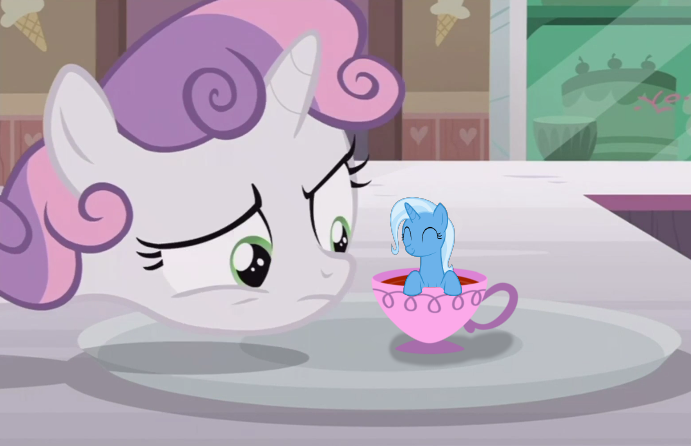 Size: 691x446 | Tagged: safe, derpibooru import, edit, edited edit, edited screencap, screencap, sweetie belle, trixie, pony, forever filly, crossing the memes, cup, cup of pony, cute, diatrixes, meme, micro, sweetie's plate, teacup, that pony sure does love teacups