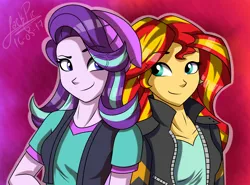 Size: 2300x1700 | Tagged: safe, artist:jack-pie, derpibooru import, starlight glimmer, sunset shimmer, equestria girls, mirror magic, spoiler:eqg specials, beanie, clothes, duo, hat, jacket, looking at each other, shirt, smiling, vest