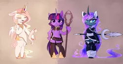 Size: 3519x1852 | Tagged: safe, artist:magnaluna, derpibooru import, princess celestia, princess luna, twilight sparkle, twilight sparkle (alicorn), alicorn, pony, semi-anthro, bipedal, boots, cheek fluff, chest fluff, clothes, curved horn, cute, cutelestia, dress, ear fluff, eyes closed, featureless crotch, female, galaxy mane, hooves, horn, horseshoes, leg fluff, letter, looking at you, lunabetes, mare, miniskirt, open mouth, paws, royal sisters, skirt, smiling, socks, staff, thigh boots, thigh highs, trio, twiabetes, warrior luna, weapon, wing fluff