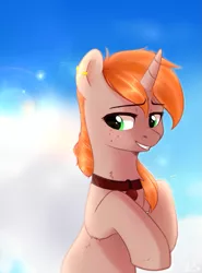 Size: 1661x2241 | Tagged: safe, artist:kaylemi, derpibooru import, oc, oc:debra rose, unofficial characters only, pony, unicorn, collar, ear piercing, female, freckles, mare, piercing, smiling, solo