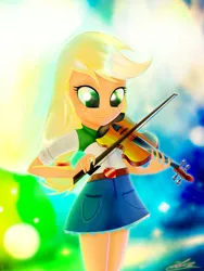 Size: 2500x3333 | Tagged: safe, artist:jabbie64, derpibooru import, applejack, equestria girls, apple, belt, clothes, cute, denim skirt, fiddle, freckles, hatless, missing accessory, moe, signature, skirt, solo, violin