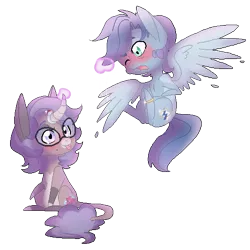 Size: 500x500 | Tagged: safe, artist:curiouskeys, derpibooru import, oc, oc:curious keys, oc:vertical lift, unofficial characters only, hinny, pegasus, pony, unicorn, chibi, engagement ring, glasses, magic, pixel art, simple background, transparent background