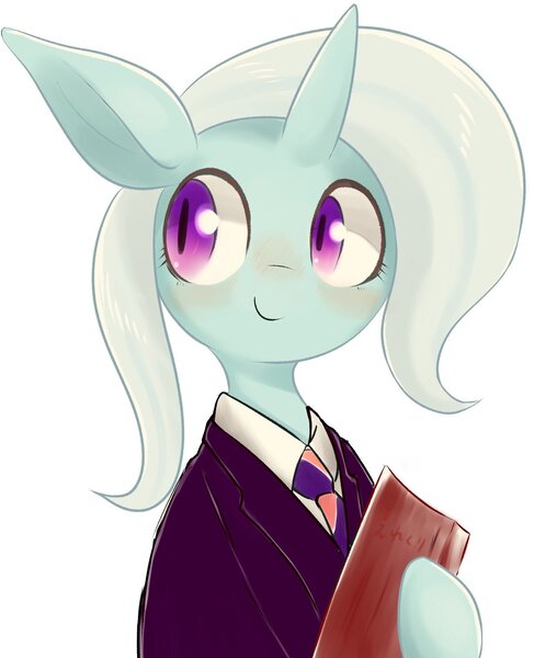Size: 1308x1610 | Tagged: safe, artist:91o42, derpibooru import, trixie, pony, unicorn, blushing, clothes, cute, diatrixes, female, happy, holding, looking away, mare, necktie, simple background, smiling, solo, suit, uniform, white background