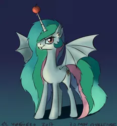 Size: 794x855 | Tagged: safe, artist:el-yeguero, derpibooru import, princess celestia, bat pony, pony, 30 minute art challenge, apple, food, gradient background, looking at you, race swap, solo, sunbat