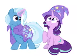 Size: 1096x802 | Tagged: artist needed, safe, artist:sinna, derpibooru import, starlight glimmer, trixie, pony, unicorn, accessory swap, cape, clothes, cute, diatrixes, female, glimmerbetes, hat, lesbian, magic, mare, shipping, simple background, startrix, trixie's cape, trixie's hat, white background