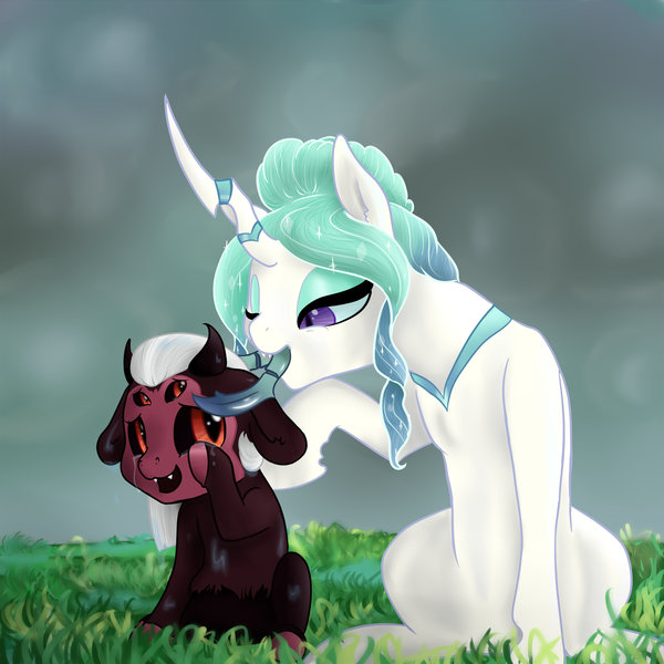 Size: 1920x1920 | Tagged: safe, artist:kaleysia, derpibooru import, oc, oc:princess iridescence, oc:princess lucifer, unofficial characters only, hybrid, pony, pandoraverse, adoracreepy, creepy, crying, cute, cute little fangs, fangs, female, filly, four eyes, interspecies offspring, magical gay spawn, magical lesbian spawn, mandibles, mare, multiple eyes, next generation, offspring, one eye closed, parent:king sombra, parent:lord tirek, parent:princess celestia, parent:queen chrysalis, parents:chryslestia, parents:sombrek