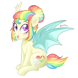 Size: 3300x3300 | Tagged: safe, artist:kaikururu, derpibooru import, oc, oc:shimmering skies, unofficial characters only, bat pony, pony, female, mare, multicolored hair, rainbow hair, simple background, sitting, solo, transparent background