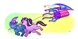 Size: 1280x642 | Tagged: safe, artist:artistotels, derpibooru import, starlight glimmer, trixie, pony, unicorn, abstract background, clothes, duo, female, hat, kite, mare, startrix, that pony sure does love kites, trixie's hat