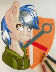 Size: 3004x3851 | Tagged: safe, artist:emberslament, derpibooru import, oc, oc:bravery, unofficial characters only, pony, bust, clothes, colored pencils, high res, male, pencil, photo, portrait, solo, stallion, traditional art