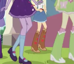 Size: 927x802 | Tagged: safe, derpibooru import, screencap, applejack, fluttershy, rarity, sci-twi, twilight sparkle, dance magic, equestria girls, spoiler:eqg specials, boots, clothes, cowboy boots, cropped, denim skirt, grass, high heel boots, legs, mary janes, pictures of legs, raised leg, shoes, skirt, socks