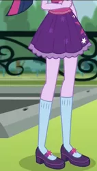 Size: 612x1080 | Tagged: safe, derpibooru import, screencap, sci-twi, twilight sparkle, dance magic, equestria girls, spoiler:eqg specials, clothes, cropped, fence, legs, mary janes, pictures of legs, ponytail, shoes, skirt, socks, solo, tree