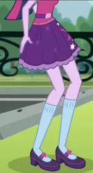 Size: 578x1080 | Tagged: safe, derpibooru import, screencap, sci-twi, twilight sparkle, dance magic, equestria girls, spoiler:eqg specials, clothes, cropped, fence, legs, mary janes, parking lot, pictures of legs, ponytail, shoes, skirt, socks, solo, tree