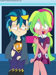 Size: 2448x3264 | Tagged: safe, artist:rainbowyoshi305, derpibooru import, indigo zap, lemon zest, equestria girls, bags under eyes, clothes, coffee mug, costume, crystal prep academy uniform, ear piercing, earring, glasses, headphones, jewelry, mobile phone, mug, pajamas, phone, piercing, school uniform, shadowbolts costume, sick, skirt, smartphone