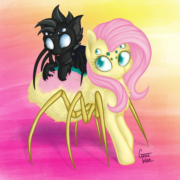 Size: 1700x1700 | Tagged: artist:gracewolf, changeling, cute, cuteling, derpibooru import, fluffy, fluttershy, monster pony, oc, oc:crucible, original species, safe, shyabetes, species swap, spider, spiderling, spiderpony, spidershy