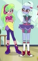 Size: 176x280 | Tagged: safe, derpibooru import, screencap, lemon zest, sugarcoat, dance magic, equestria girls, spoiler:eqg specials, boots, clothes, converse, cropped, crossed arms, glasses, headphones, high heel boots, leggings, pants, pigtails, shoes, skirt, sneakers, socks, twintails