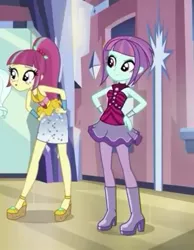 Size: 305x394 | Tagged: safe, derpibooru import, screencap, sour sweet, sunny flare, dance magic, equestria girls, spoiler:eqg specials, boots, clothes, cropped, female, freckles, hand on hip, high heel boots, high heels, pantyhose, ponytail, shoes, skirt