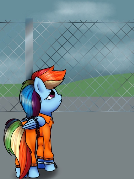 Size: 768x1024 | Tagged: safe, artist:globug100art, derpibooru import, rainbow dash, pony, bound wings, chains, clothes, cuffs, fence, jail, prison, prison outfit, prisoner, prisoner rd, shackles, solo