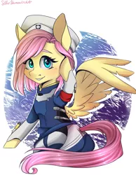 Size: 1400x1800 | Tagged: safe, artist:silbersternenlicht, derpibooru import, fluttershy, pony, abstract background, clothes, crossover, cute, female, hat, looking at you, mare, mercy, mercyshy, overwatch, shyabetes, smiling, solo, uniform