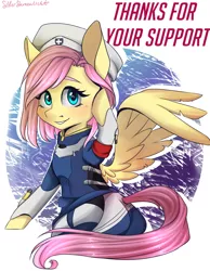 Size: 1400x1800 | Tagged: safe, artist:silbersternenlicht, derpibooru import, fluttershy, pony, clothes, crossover, cute, female, hat, looking at you, mare, mercy, mercyshy, overwatch, shyabetes, smiling, solo, uniform