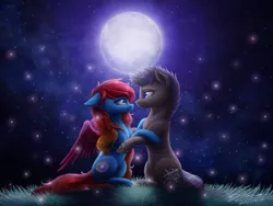 Size: 1024x768 | Tagged: safe, artist:novaintellus, derpibooru import, oc, oc:andromeda, oc:moon cake, unofficial characters only, earth pony, pegasus, pony, female, full moon, looking at each other, male, mare, moon, night, night sky, oc x oc, shipping, sitting, smiling, stallion, starry night, stars, straight