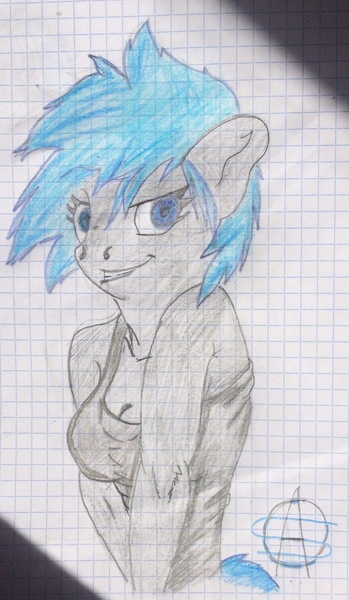 Size: 1201x2064 | Tagged: anthro, anthro oc, artist:thalane.dragonness, clothes, derpibooru import, graph paper, implied anarchy and chaos, lined paper, oc, oc:shadow melody, safe, solo, tanktop, traditional art, unofficial characters only