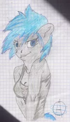 Size: 1201x2064 | Tagged: anthro, anthro oc, artist:thalane.dragonness, clothes, derpibooru import, graph paper, implied anarchy and chaos, lined paper, oc, oc:shadow melody, safe, solo, tanktop, traditional art, unofficial characters only