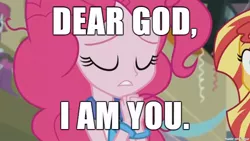 Size: 610x343 | Tagged: safe, derpibooru import, edit, edited screencap, screencap, pinkie pie, sunset shimmer, equestria girls, blasphemy, idolatry, image macro, meme, meta, op is right, op is self aware, pinkie pie is god, pinkie pie praying