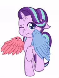 Size: 494x656 | Tagged: safe, artist:kiwi, derpibooru import, starlight glimmer, alicorn, pony, alicornified, context is for the weak, cute, female, floppy ears, living wings, looking at you, mare, one eye closed, race swap, raised hoof, simple background, starlicorn, wat, white background, wings, wink, xk-class end-of-the-world scenario