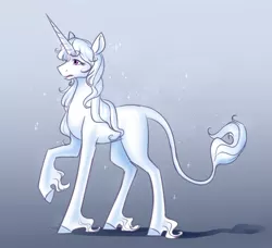 Size: 1150x1050 | Tagged: safe, artist:its-gloomy, derpibooru import, classical unicorn, pony, unicorn, amalthea, gradient background, gray background, lady amalthea, leonine tail, simple background, solo, the last unicorn, unshorn fetlocks