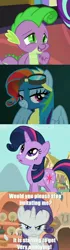 Size: 1000x3594 | Tagged: alternate hairstyle, angry, annoyed, behaving like rarity, celestial advice, derpibooru import, dragon, edit, edited screencap, impersonating, look before you sleep, meme, newbie dash, rainbow dash, rainbow fash, rarity, rarity hair, safe, screencap, spike, text, the cutie pox, twilight sparkle