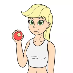 Size: 1280x1280 | Tagged: safe, artist:mkogwheel, derpibooru import, applejack, human, apple, belly button, blonde, clothes, female, food, freckles, hatless, humanized, midriff, missing accessory, simple background, solo, tanktop, white background