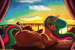 Size: 1125x750 | Tagged: suggestive, artist:lumineko, derpibooru import, princess celestia, alicorn, pony, balcony, blushing, clothes, crown, dock, female, horseshoes, jewelry, looking at you, mare, panties, patreon, plot, praise the sun, prone, regalia, smiling, solo, solo female, stupid sexy celestia, sunbutt, underwear