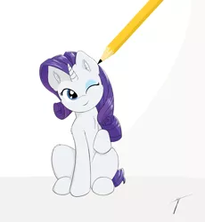 Size: 1726x1878 | Tagged: safe, artist:taxar, derpibooru import, part of a set, rarity, pony, drawn into existence, looking at you, one eye closed, pencil, raised hoof, simple background, sitting, smiling, solo, wink