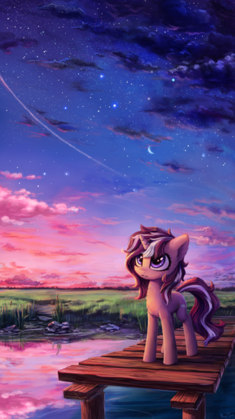 Size: 2000x3556 | Tagged: safe, artist:inowiseei, derpibooru import, oc, unofficial characters only, pony, unicorn, cloud, cloudy, commission, cute, ear fluff, female, freckles, grass, looking up, mare, moon, night, ocbetes, outdoors, pier, reflection, scenery, shooting star, signature, sky, smiling, solo, standing, stars, twilight (astronomy), water