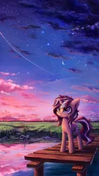 Size: 2000x3556 | Tagged: safe, artist:inowiseei, derpibooru import, oc, unofficial characters only, pony, unicorn, cloud, cloudy, commission, cute, ear fluff, female, freckles, grass, looking up, mare, moon, night, ocbetes, outdoors, pier, reflection, scenery, shooting star, signature, sky, smiling, solo, standing, stars, twilight (astronomy), water