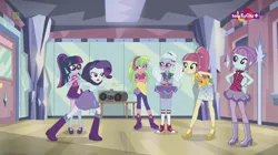 Size: 1136x638 | Tagged: safe, derpibooru import, screencap, lemon zest, rarity, sci-twi, sour sweet, sugarcoat, sunny flare, twilight sparkle, dance magic, equestria girls, spoiler:eqg specials, angry, boombox, boots, bowtie, bracelet, clothes, converse, crossed arms, crystal prep academy, cute, dance floor, door, female, freckles, glasses, group, hand on hip, headphones, heart, high heel boots, high heels, iphone, jewelry, leggings, mary janes, mirror, pantyhose, pigtails, ponytail, radio, shoes, skirt, sneakers, socks, teletoon, tutu, twintails