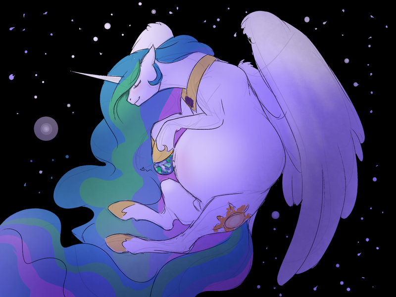 Size: 1280x960 | Tagged: safe, artist:nsfwbonbon, derpibooru import, princess celestia, alicorn, pony, belly, belly button, earth, explicit source, female, giant pony, giantess, giantlestia, macro, mare, outie belly button, pony bigger than a planet, preglestia, pregnant, solo, space, stars