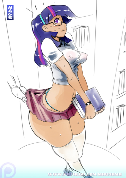 Size: 864x1224 | Tagged: anti-gravity boobs, artist:pornomagnum, belly button, blue underwear, boob socks, book, bookshelf, breasts, clothes, derpibooru import, disembodied hand, erect nipples, female, glasses, hand, human, humanized, micro skirt, microskirt, midriff, miniskirt, nipple outline, panties, patreon, patreon logo, questionable, reasonably shaped breasts, reasonably sized breasts, school uniform, shoes, short skirt, simple background, skimpy, skirt, skirt flip, skirt lift, skirt pull, socks, solo, solo female, thigh highs, thighlight sparkle, thighs, thong, thunder thighs, twilight sparkle, underwear, whale tail, white background, zettai ryouiki