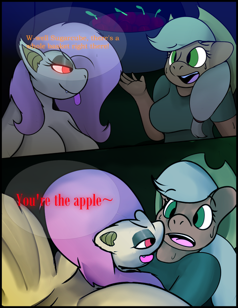Size: 765x990 | Tagged: suggestive, artist:simplyshivers, derpibooru import, applejack, fluttershy, anthro, bat pony, comic:craving an apple or two, breasts, busty applejack, busty fluttershy, comic, female, flutterbat, flutterpred, imminent vore, kitchen eyes, race swap