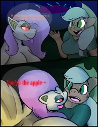 Size: 765x990 | Tagged: suggestive, artist:simplyshivers, derpibooru import, applejack, fluttershy, anthro, bat pony, comic:craving an apple or two, breasts, busty applejack, busty fluttershy, comic, female, flutterbat, flutterpred, imminent vore, kitchen eyes, race swap